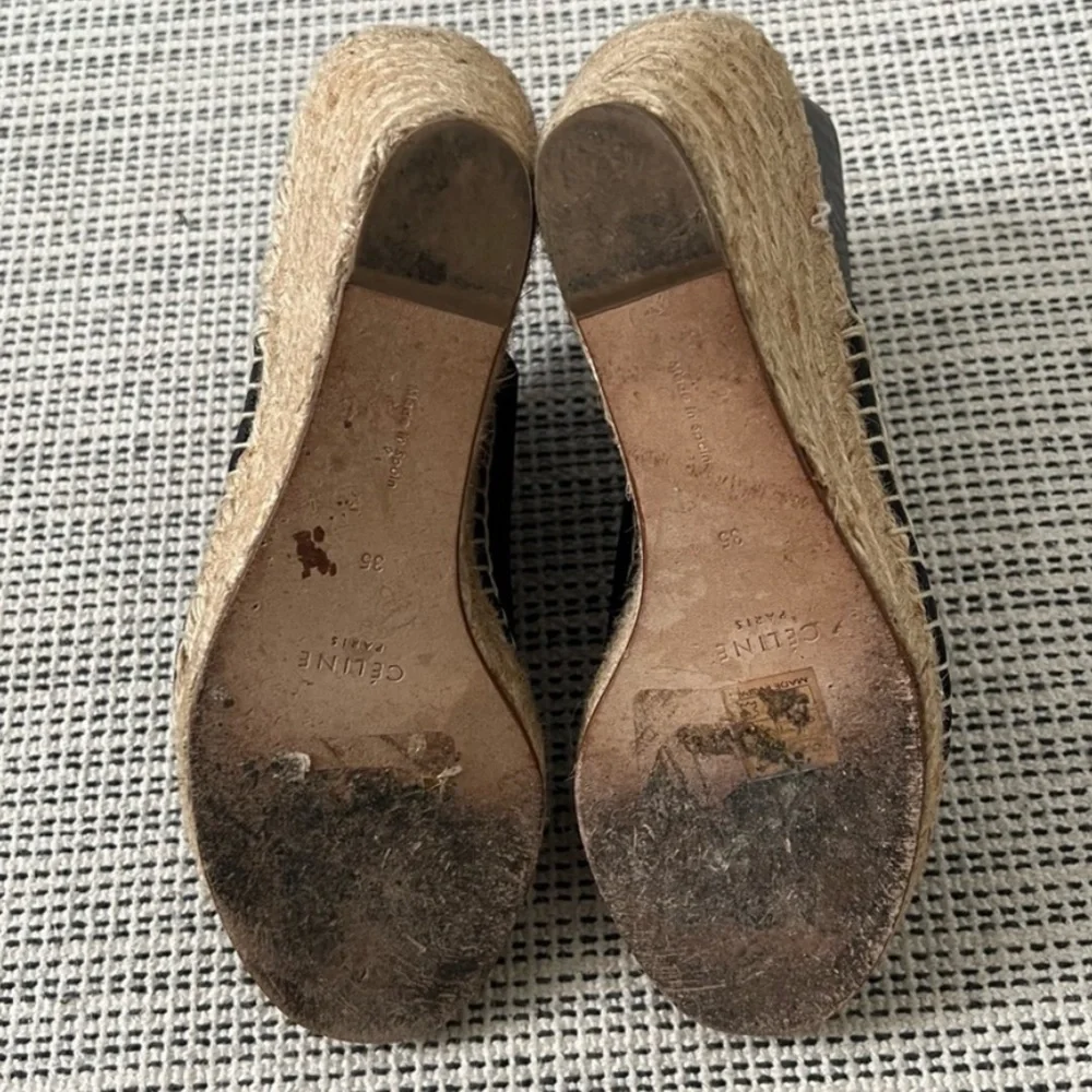 CELINE Calfskin Espadrille Wedge Sandals Black/Natural Size 35